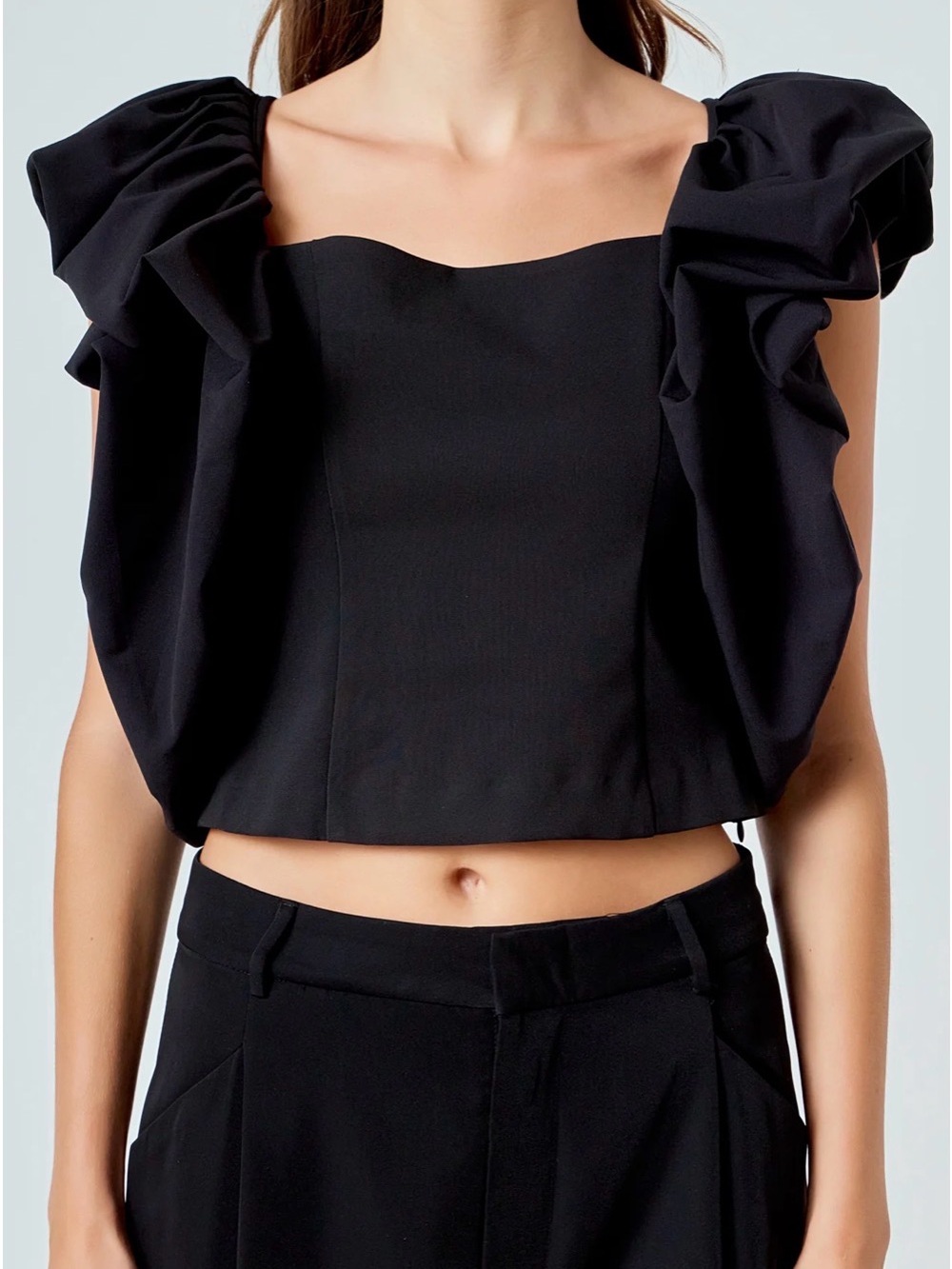 Black Ruffle-Sleeve Cropped Top